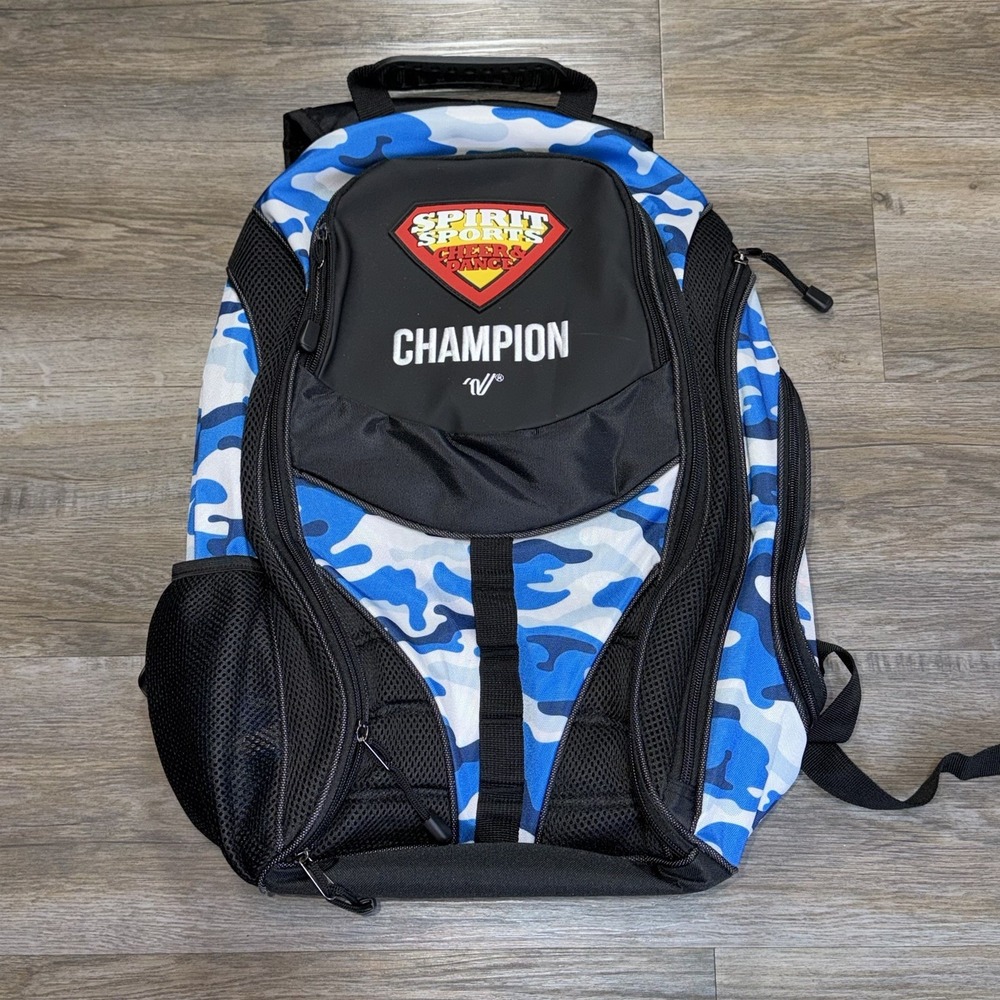 Spirit Sports Cheers and Dance Champion Backpack Blue White Camo Pattern